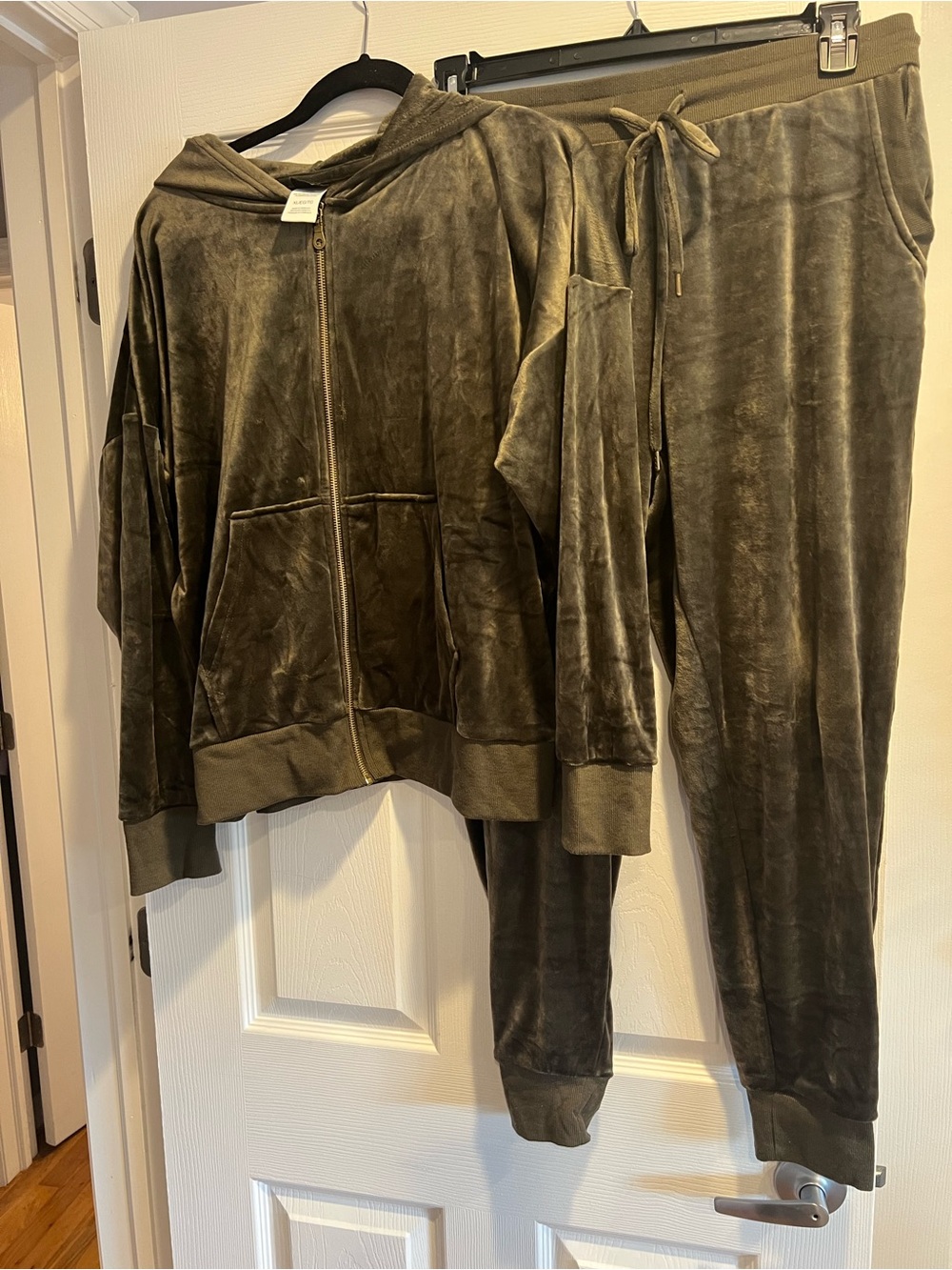 Felina Olive Green Velour Zip Hoodie Set with Gold Zipper